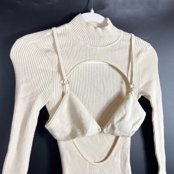 Michael Costello Dani Layered Bra Mini Dress Cream Knit Cutout Long Sleeve Sz XS - Picture 6 of 13
